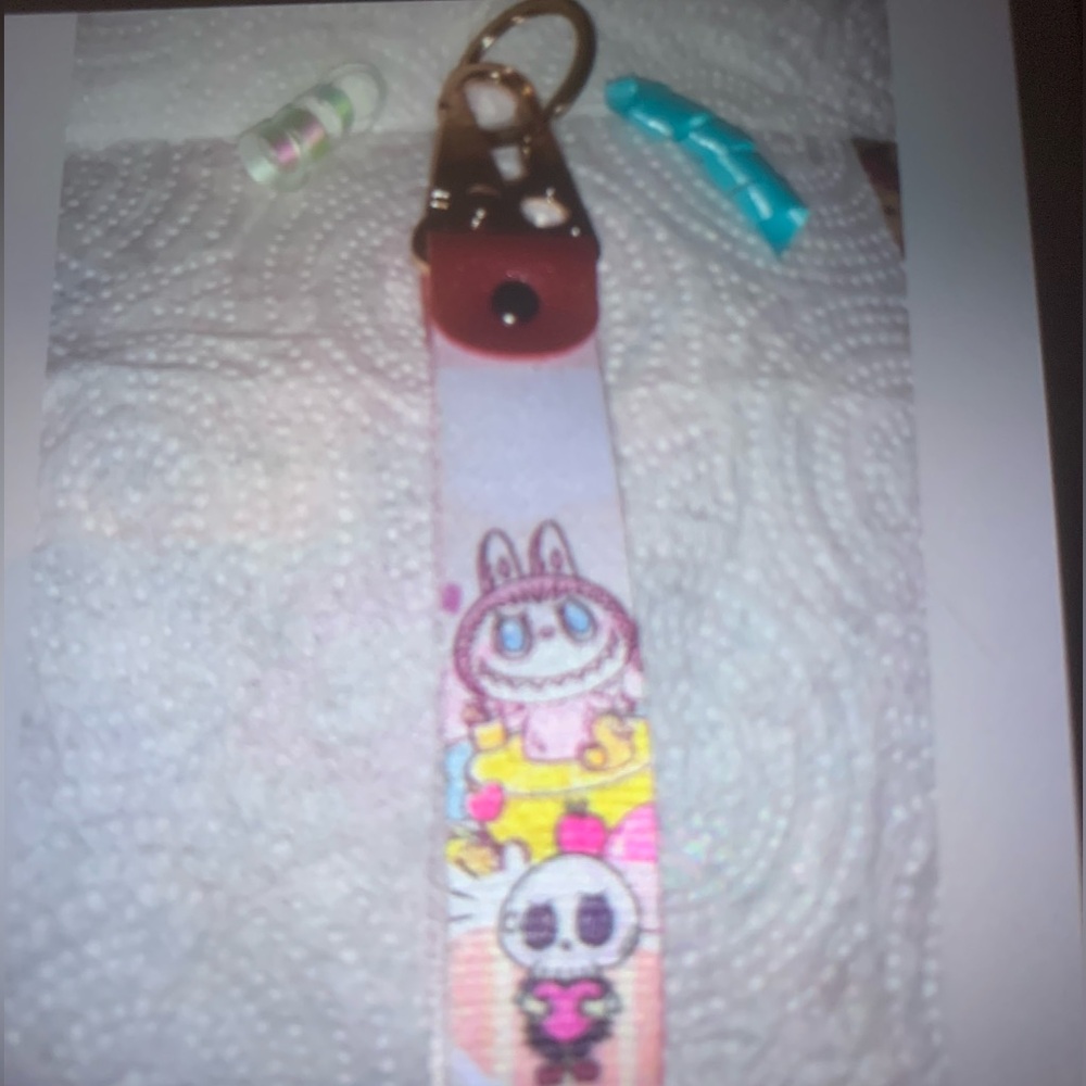 LABUBU monster Bunny and Skull Keychain w Wrist strap and gold Key ring.NEW